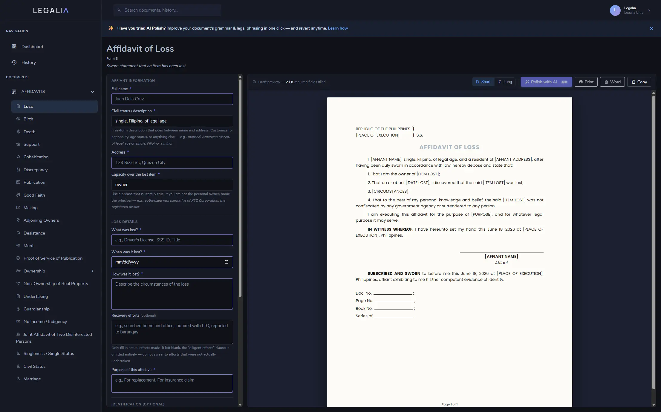 Legalia dashboard — an Affidavit of Loss form being filled in