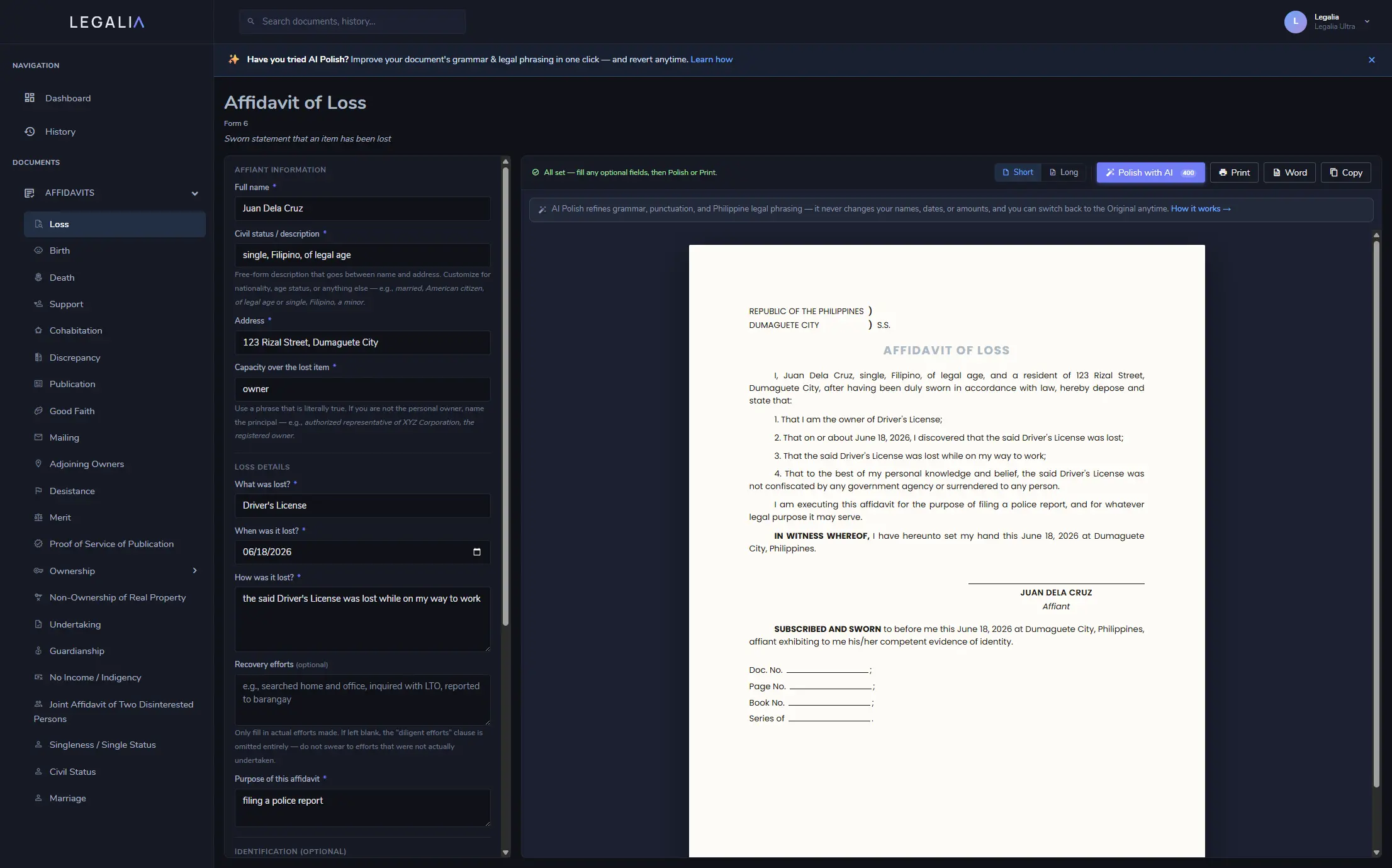 Legalia dashboard — a completed Affidavit of Loss draft