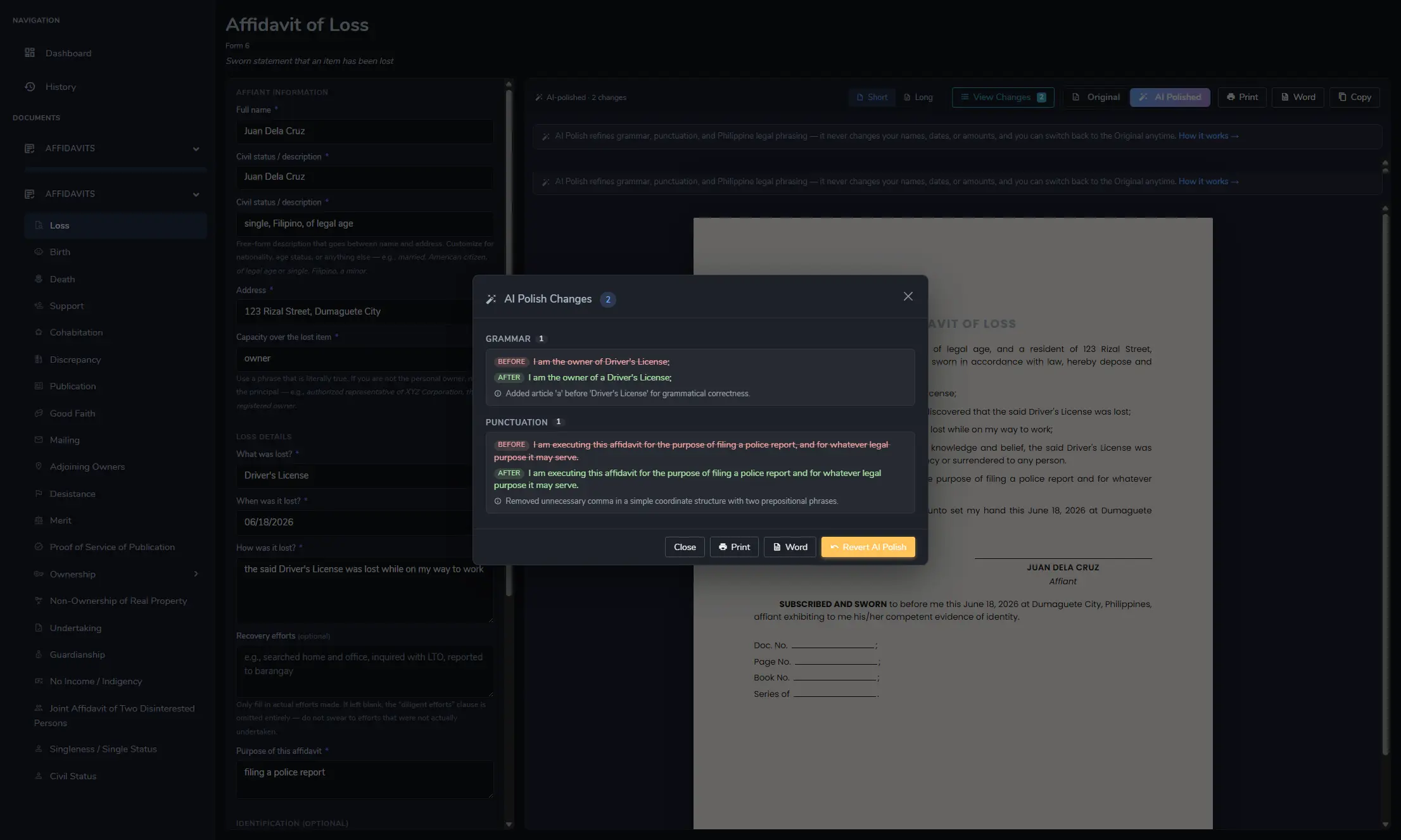 Legalia dashboard — the AI Polish changes panel showing before-and-after edits