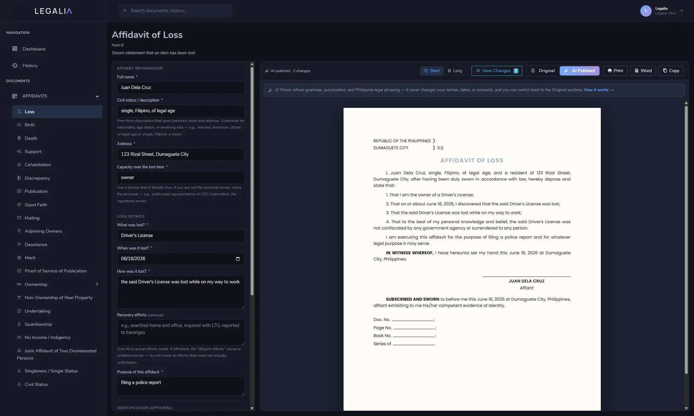 Legalia dashboard — an AI-polished draft with a one-click revert