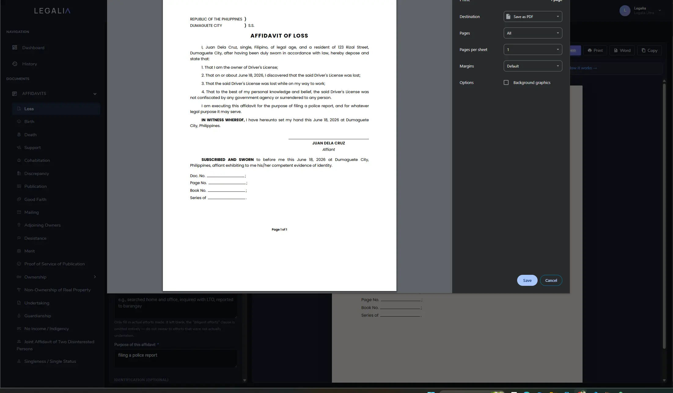 Legalia dashboard — the finished affidavit in the print and save-as-PDF dialog