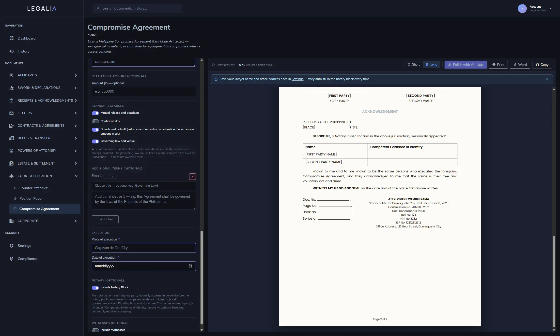 Legalia dashboard — the notary block toggle switched off for a draft without a rubber stamp