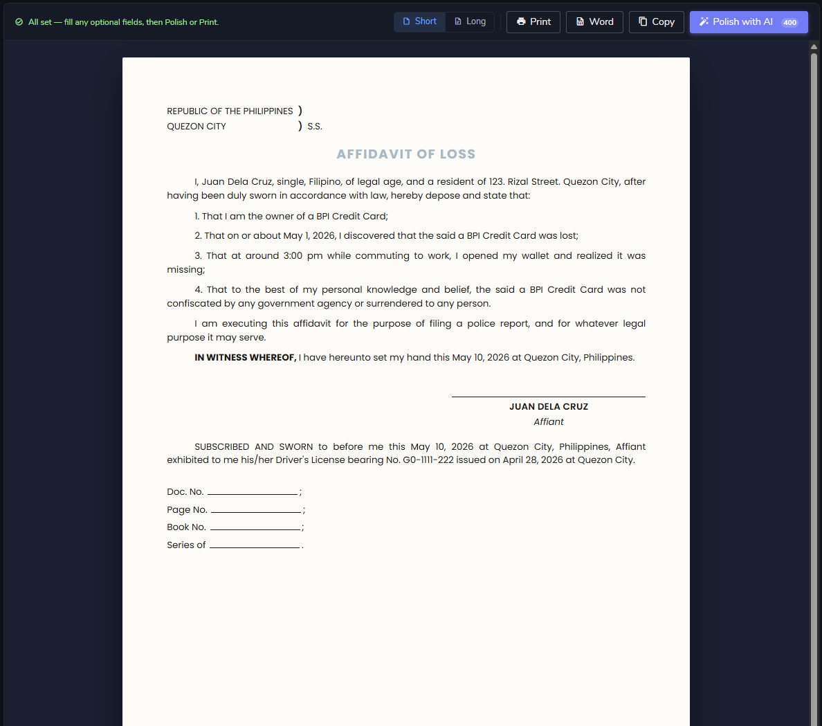 Legalia live preview panel showing the generated Affidavit of Loss with jurat block visible