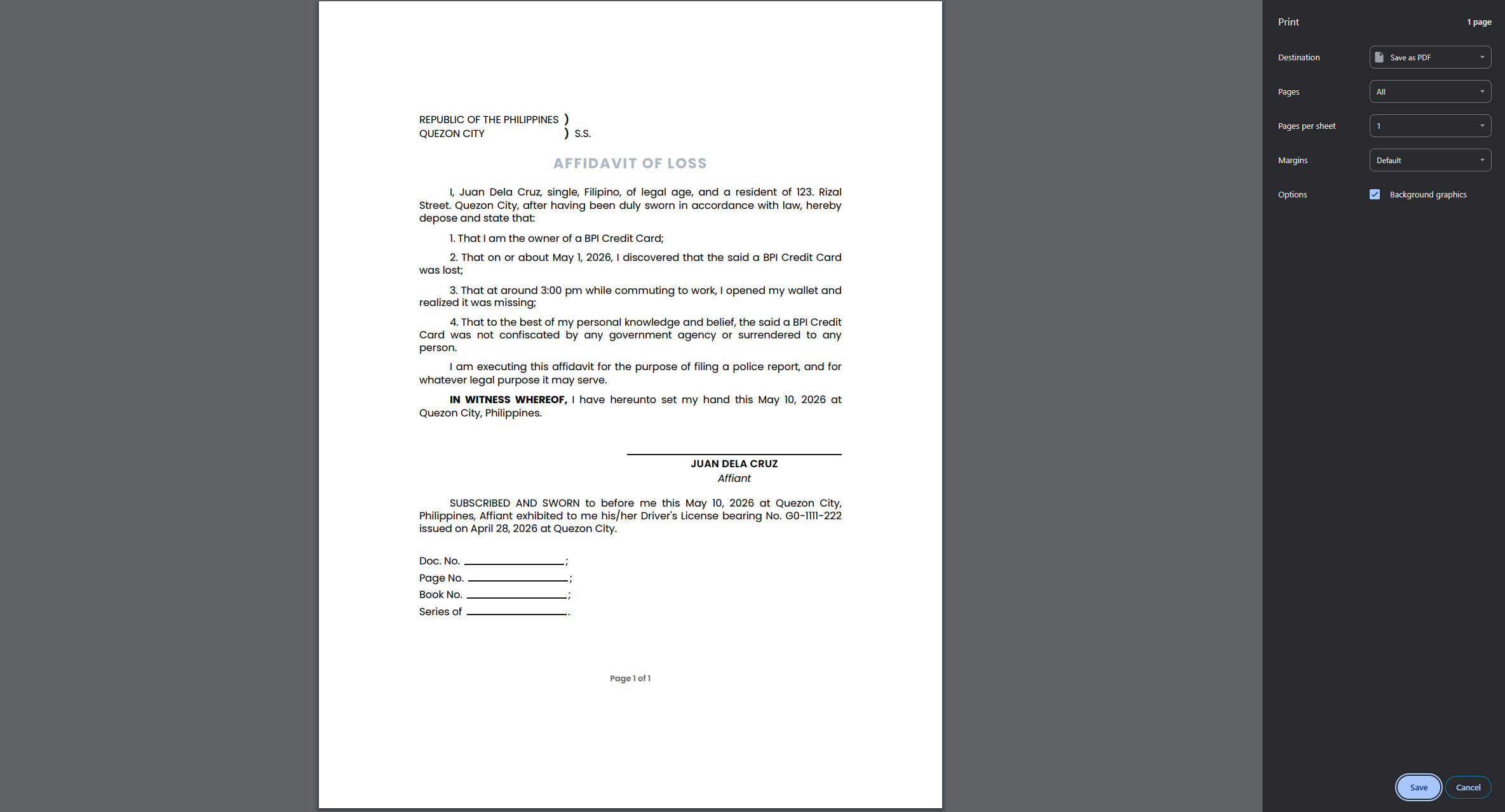 Print-ready Affidavit of Loss document output from Legalia — single page, notary-ready