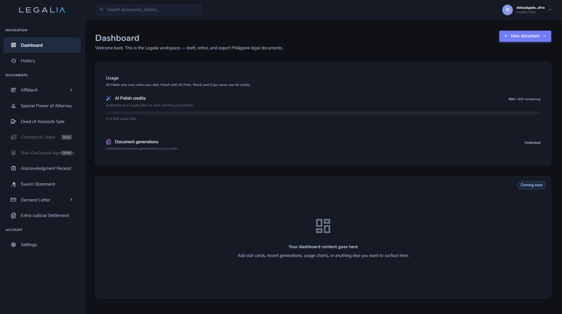 Legalia document library dashboard — Philippine legal document generator